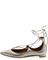 Aquazzura Christy Lace Up Pointed Toe Flat Silver