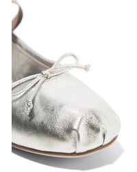 Miu Miu Lace Up Grosgrain Trimmed Metallic Leather Ballet Flats Silver