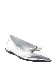 Prada Silver Leather Pointed Toe Bow Detail Flats