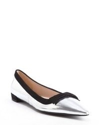 Prada Silver Metallic Leather And Black Suede Accent Bow Detail Flats