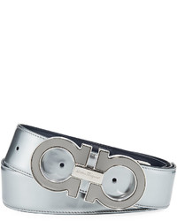 Salvatore Ferragamo Reversible Metallic Leather Gancini Buckle Belt Silver
