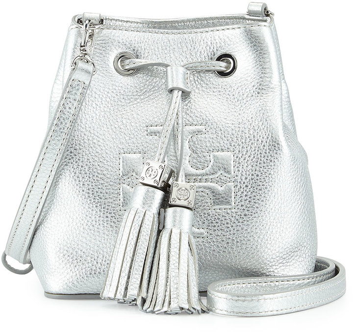 Tory Burch Thea Mini Crossbody Bucket Bag Silver, $250 | Neiman Marcus |  Lookastic