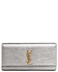 Saint Laurent Cassandre Metallic Logo Clutch Bag Silver