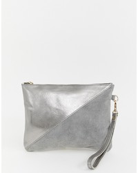 Urbancode Metallic Silver Real Leather Clutch With Wrist Strapgrey