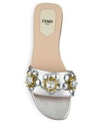 Fendi Flowerland Jeweled Metallic Leather Slides