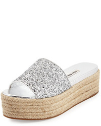 Miu Miu Glitter Platform Espadrille Sandal Slide