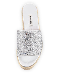 Miu Miu Glitter Platform Espadrille Sandal Slide