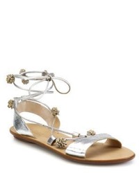 Loeffler Randall Saskia Pom Pom Metallic Leather Ankle Tie Flat Sandals