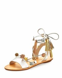 Loeffler Randall Suze Tassel Pompom Flat Sandal Silver