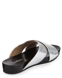 Neiman Marcus Switz Metallic Crisscross Slide Sandal Silver