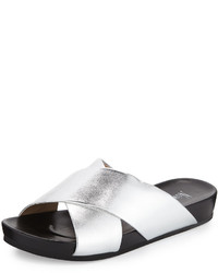 Neiman Marcus Switz Metallic Crisscross Slide Sandal Silver