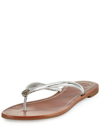 Women's Silver Leather Flat Sandals by 