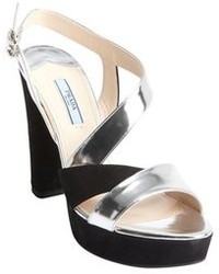 Prada Black And Silver Patent Leather Strappy Suede Heel Sandals