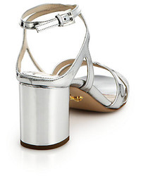 Prada Block Heeled Metallic Leather Sandals