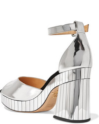 Charlotte Olympia Elie Mirrored Leather Platform Sandals Silver