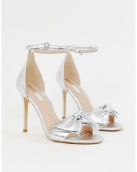 Miss Selfridge Heeled Sandals With Bow Detail In Silver