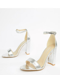 Glamorous Wide Fit Silver Barely There Block Heeled Sandals