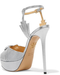 Charlotte Olympia Sky Scraper Embellished Metallic Textured Leather Sandals Silver