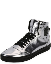 Versace Metallic Leather High Top Sneaker Silver