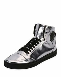 Versace Metallic Leather High Top Sneaker Silver