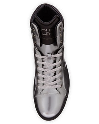 Salvatore Ferragamo Patent Leather High Top Sneaker Silver