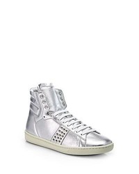 Saint Laurent Spiked Metallic Leather High Top Sneakers Silver