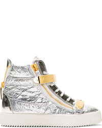 Giuseppe Zanotti Silver Foil Crinkled Leather High Top Sneakers