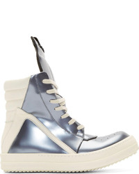 Rick Owens Silver Leather Geobasket High Top Sneakers