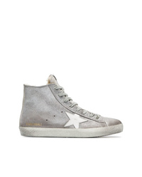 Golden Goose Deluxe Brand Silver Sheepskin Lined Suede High Top Sneakers