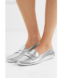 Tod's Gommino Metallic Leather Loafers Silver