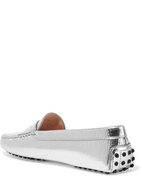 Tod's Gommino Metallic Leather Loafers Silver