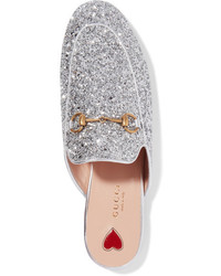 Gucci Princetown Horsebit Detailed Glittered Leather Slippers Silver