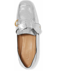 Chloé Quincey Collapsible Heel Metallic Leather Loafers Silver