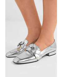 Chloé Quincey Collapsible Heel Metallic Leather Loafers Silver