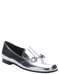 Gucci Silver Leather Horsebit Detail Loafers