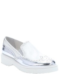 Prada Sport Silver And White Leather Slip On Wingtip Loafers