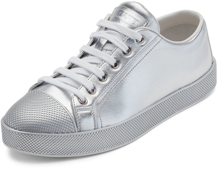 Prada Linea Rossa Leather Cap Toe Low Top Sneaker Silver 495