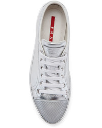 Prada Linea Rossa Leather Cap Toe Low Top Sneaker Silver 495