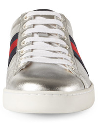 Gucci New Ace Leather Low Top Sneakers Silver