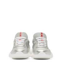 Prada Silver And White Leather And Mesh Sneakers