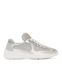 Prada Silver And White Leather And Mesh Sneakers