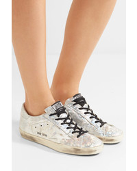 Golden Goose Deluxe Brand Super Star Distressed Metallic Leather Sneakers Silver