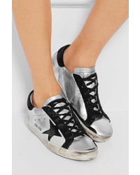 Golden Goose Deluxe Brand Super Star Distressed Suede Paneled Metallic Leather Sneakers Silver