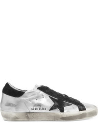 Golden Goose Deluxe Brand Super Star Distressed Suede Paneled Metallic Leather Sneakers Silver