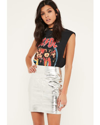 Missguided Silver Metalic Foil Stitch Front Faux Leather Mini Skirt