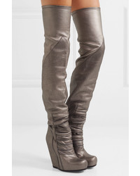Rick Owens Metallic Textured Leather Over The Knee Wedge Boots
