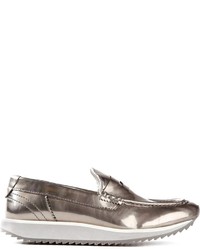 Silver Leather Platform Loafers