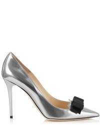 Jimmy Choo Daydel Silver Mirror Leather Pointy Toe Pumps With Grosgrain Bow