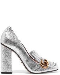 Gucci Fringed Metallic Cracked Leather Pumps Silver