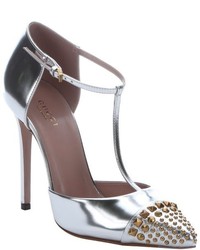 Gucci Metallic Silver Leather Studded T Strap Pumps